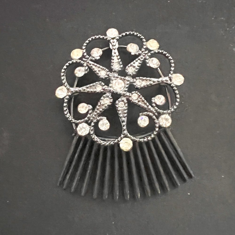 Black Metal Clear Rhinestone Round Hair Comb